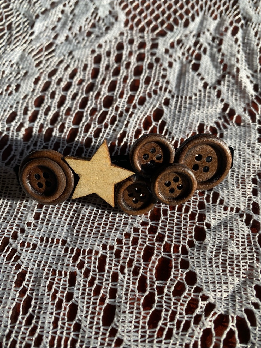 Wooden Button & Star Hair Clip - Brown